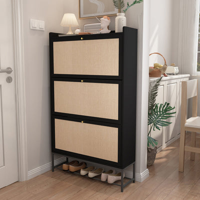 30 Pair Minimalist 31" Solid Oak Shoe Cabinet With 3 Drop-Down Drawers