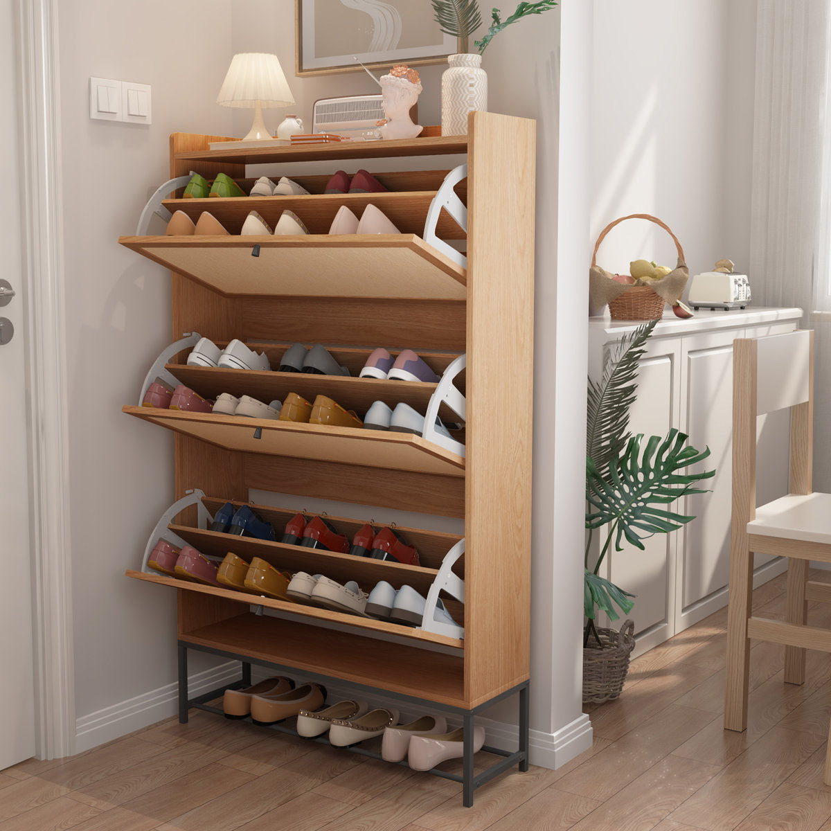 30 Pair Minimalist 31" Solid Oak Shoe Cabinet With 3 Drop-Down Drawers
