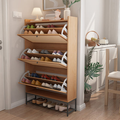 30 Pair Minimalist 31" Solid Oak Shoe Cabinet With 3 Drop-Down Drawers