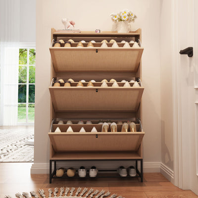 30 Pair Minimalist 31" Solid Oak Shoe Cabinet With 3 Drop-Down Drawers