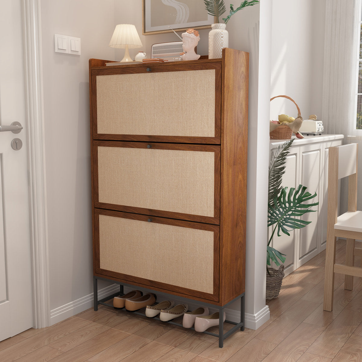 30 Pair Minimalist 31" Solid Oak Shoe Cabinet With 3 Drop-Down Drawers