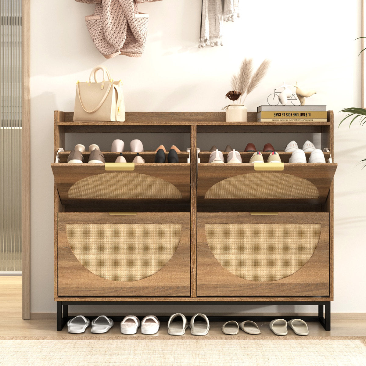 30 Pair Farmhouse Style 47" Shoe Cabinet With 4 Flip Drawers